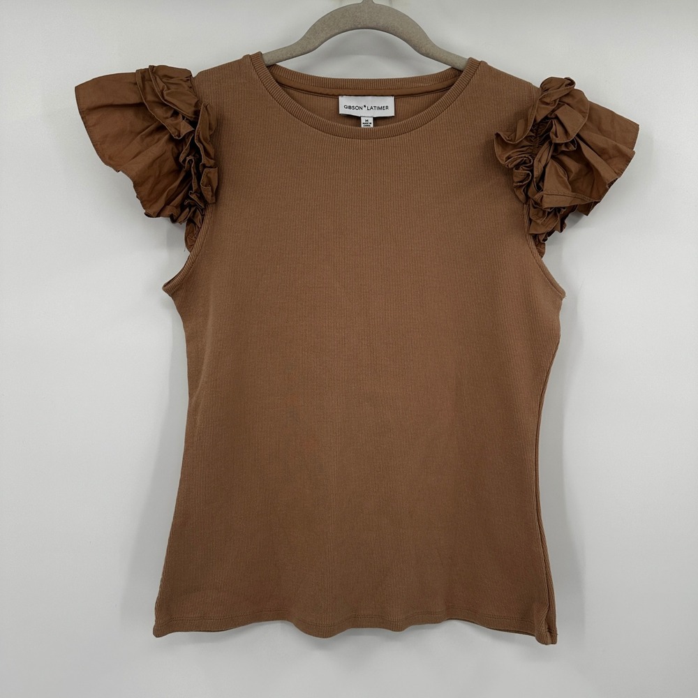 Gibson Latimer Chocolate Brown Ruffle Sleeve Tank